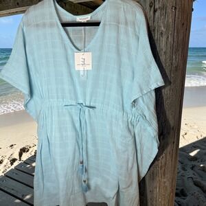 Beachlunchlounge Womens Blue Cotton Gauze Kaftan Cover Up Tassel Waist Med NWT